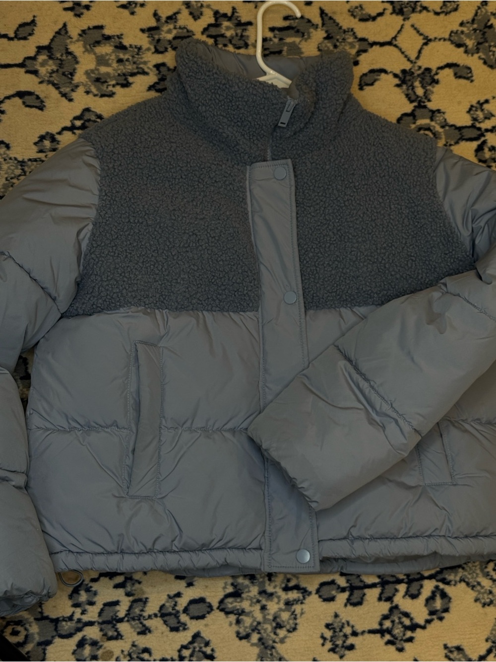 bernie mev. Gray Sherpa Yoke Puffer Bomber Jacket